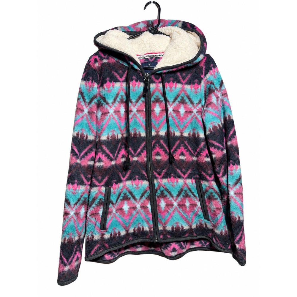 American Eagle Outfitters Fleece Hoodie XL Southwestern Pink Teal Sherpa Lined